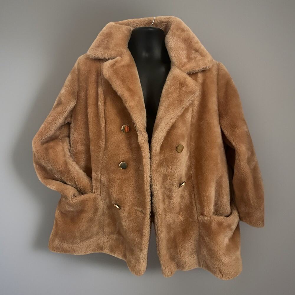 VTG 60s-70s Sears Fashions Faux Fur Teddy Bear Coat Double Breasted Tan M/L